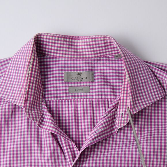 Canali Dress Shirt Men's 46 18 Pink Checkered Stretch Long Sleeve Classic Formal - Picture 7 of 11